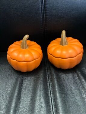 Orange Ceramic Pumpkin Small Cocottes with Brown Stems (Set of 2)